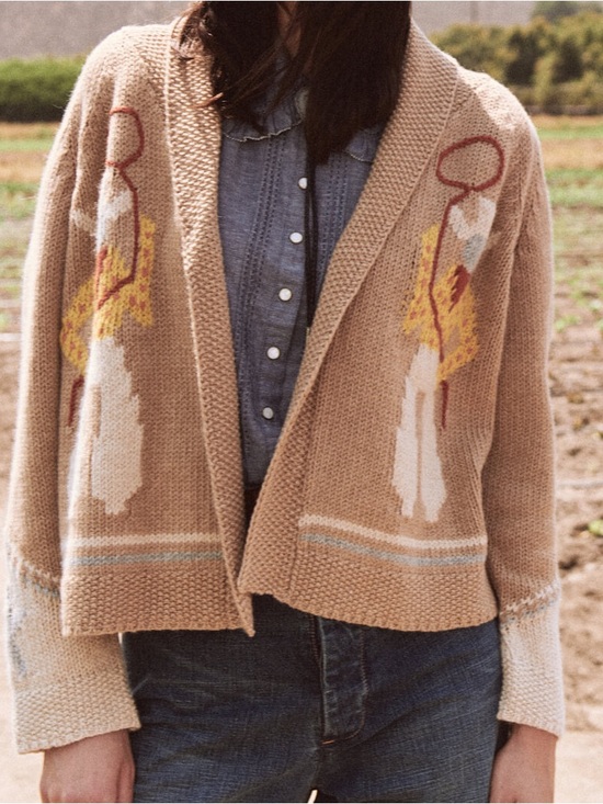 THE GREAT. Sweaters - THE GREAT. Beige Knit Cardigan with Cream and Yellow Intarsia